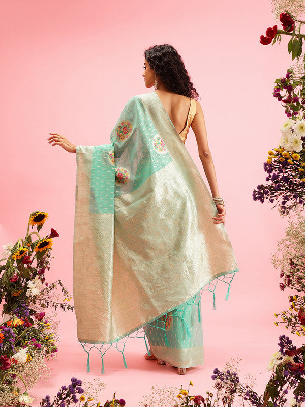 Turquoise Cotton Woven Thread Floral Saree with Unstitched Blouse - Hiral Fashion | Grocsy