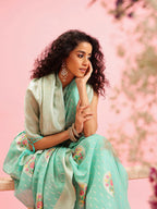 Turquoise Cotton Woven Thread Floral Saree with Unstitched Blouse - Hiral Fashion | Grocsy