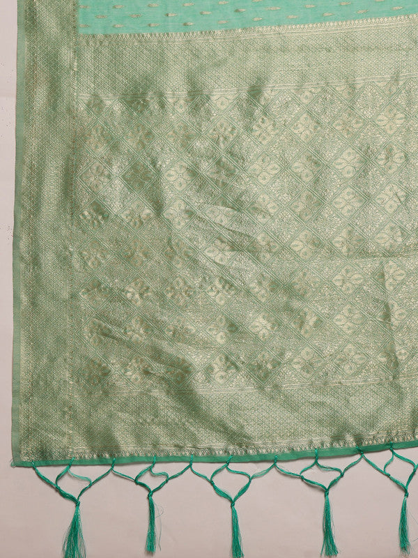 Turquoise Cotton Woven Thread Floral Saree with Unstitched Blouse - Hiral Fashion | Grocsy