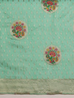 Turquoise Cotton Woven Thread Floral Saree with Unstitched Blouse - Hiral Fashion | Grocsy