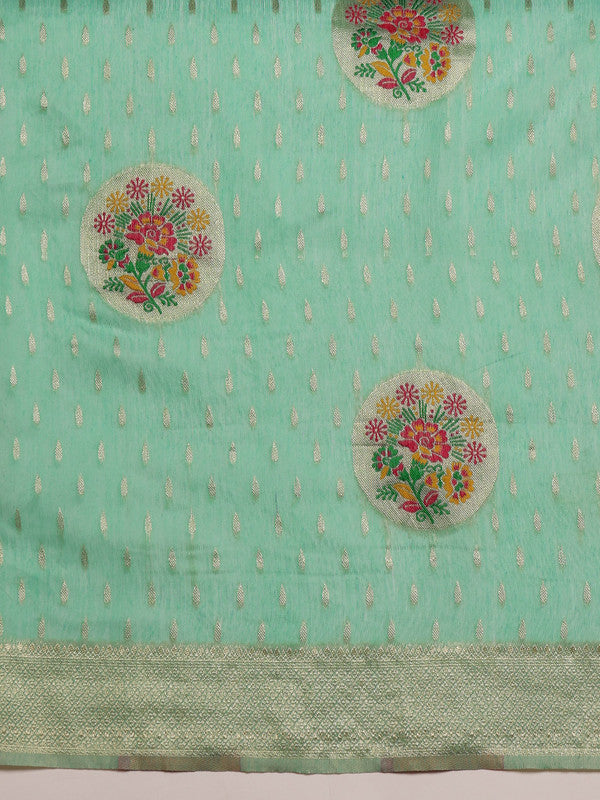 Turquoise Cotton Woven Thread Floral Saree with Unstitched Blouse - Hiral Fashion | Grocsy