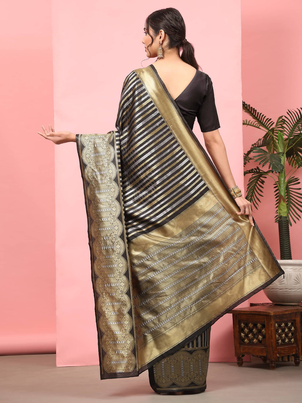 Hiral Fashion Black Banarasi Art Silk Striped Zari Woven Saree | Grocsy