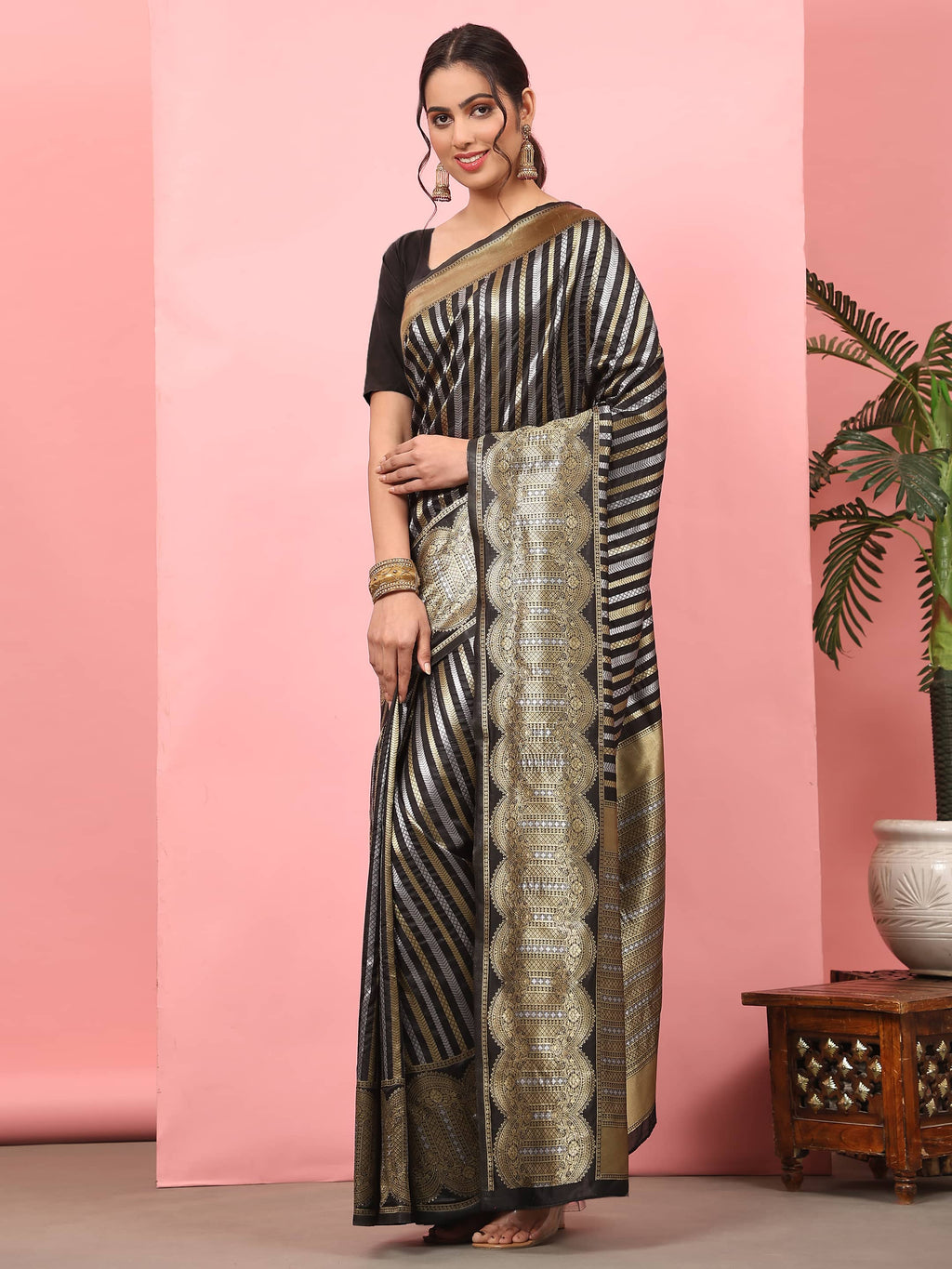 Hiral Fashion Black Banarasi Art Silk Striped Zari Woven Saree | Grocsy