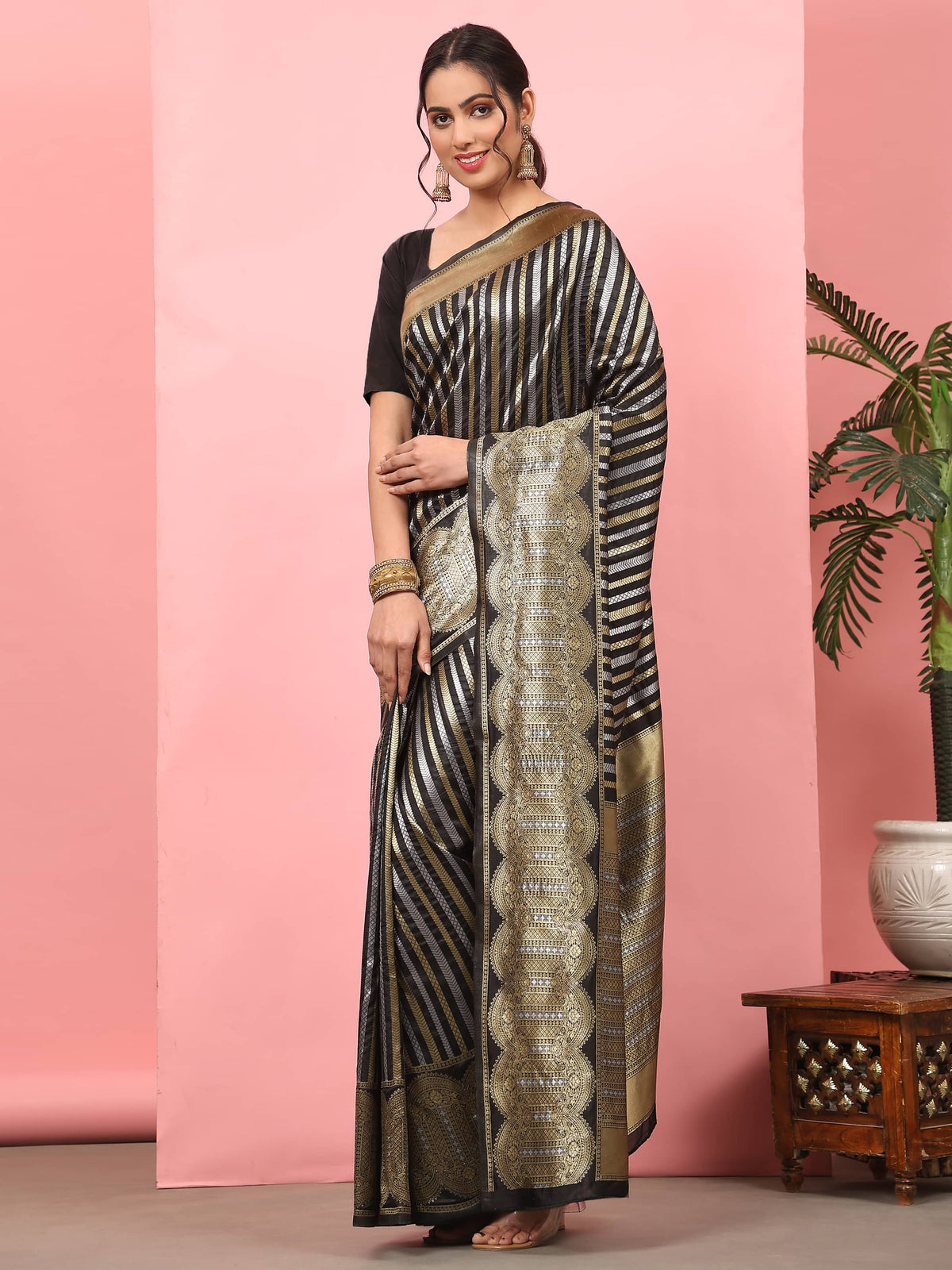 Hiral Fashion Black Banarasi Art Silk Striped Zari Woven Saree | Grocsy
