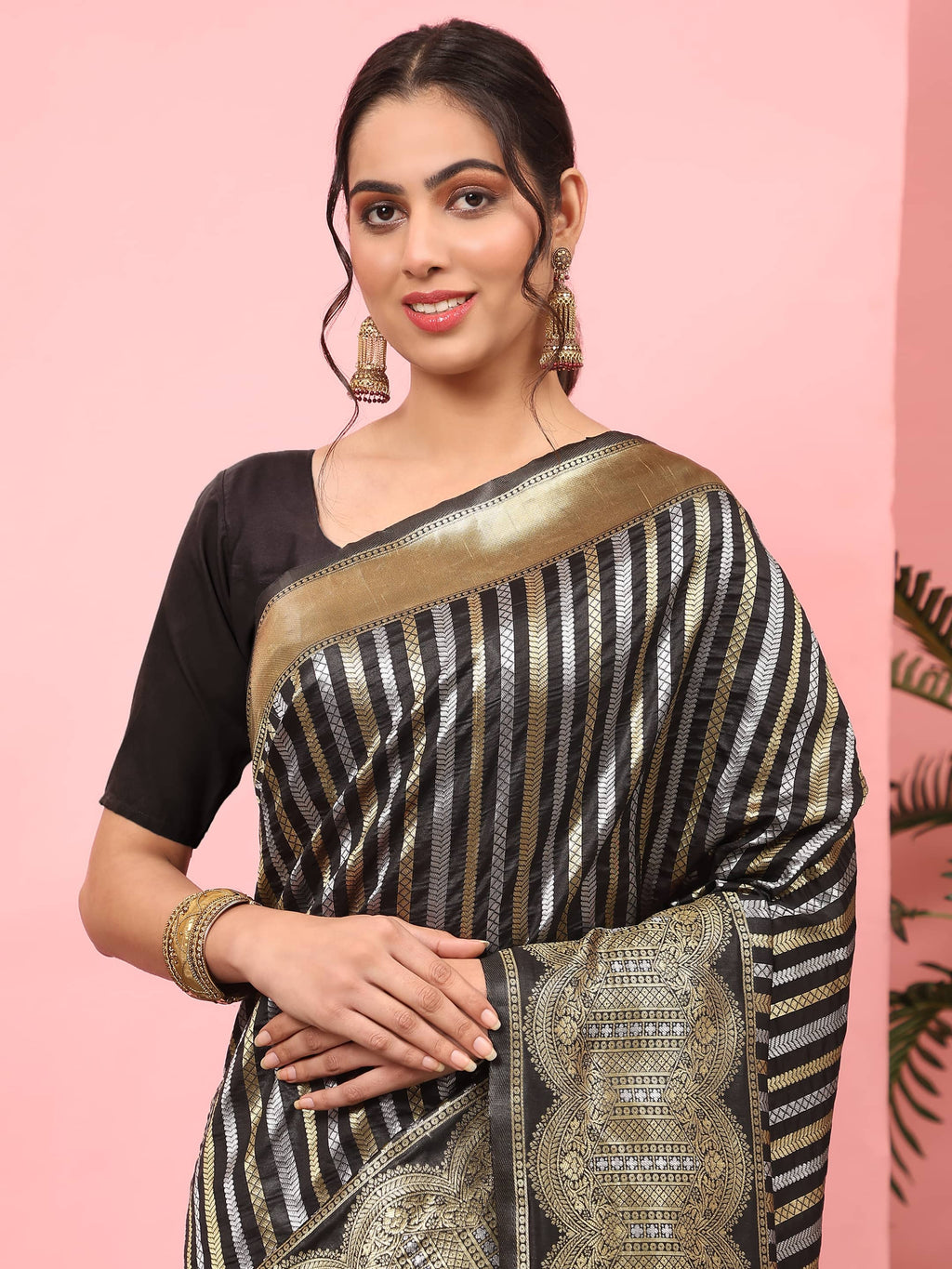 Hiral Fashion Black Banarasi Art Silk Striped Zari Woven Saree | Grocsy
