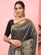 Hiral Fashion Black Banarasi Art Silk Striped Zari Woven Saree | Grocsy