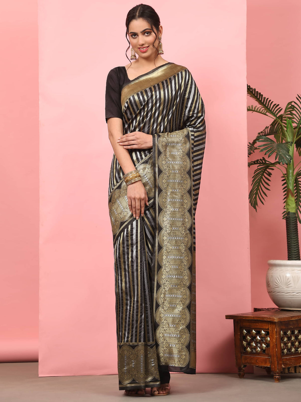 Hiral Fashion Black Banarasi Art Silk Striped Zari Woven Saree | Grocsy