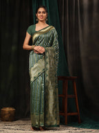Hiral Fashion Green Banarasi Art Silk Striped Zari Woven Saree | Grocsy