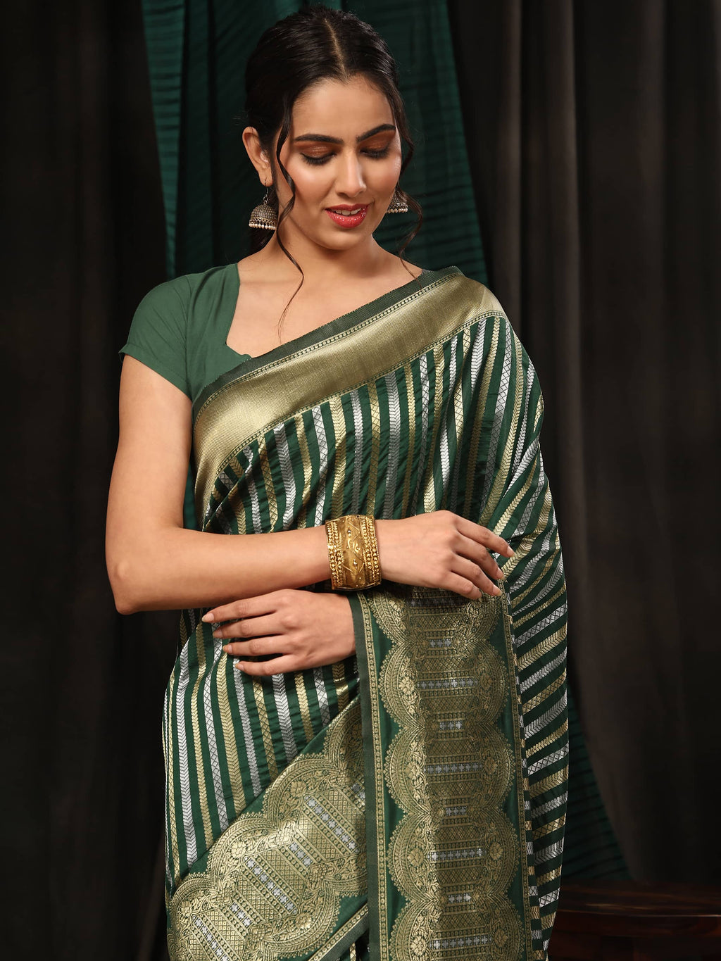 Hiral Fashion Green Banarasi Art Silk Striped Zari Woven Saree | Grocsy