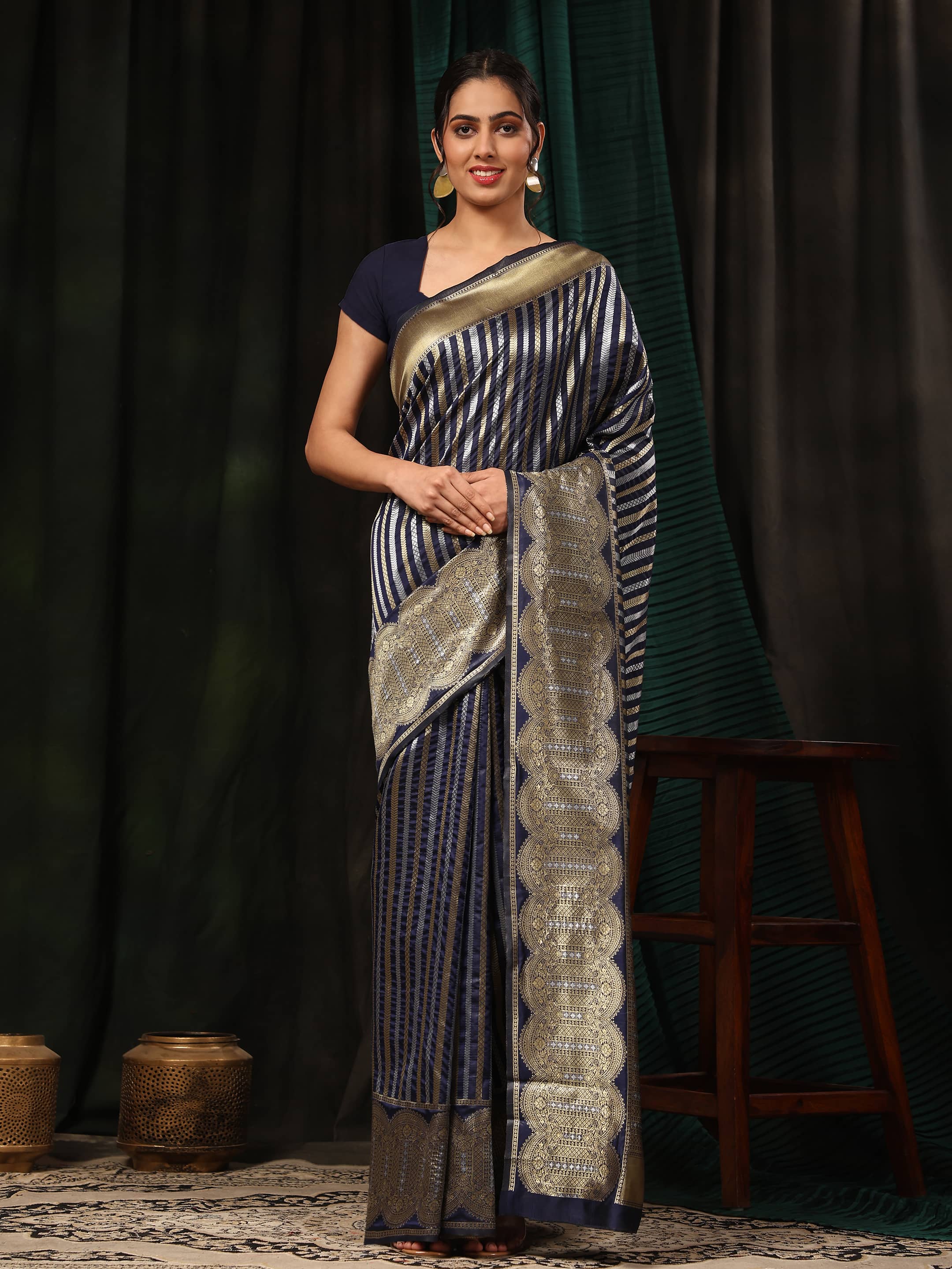 Hiral Fashion Navy Blue Banarasi Art Silk Striped Zari Woven Saree | Grocsy