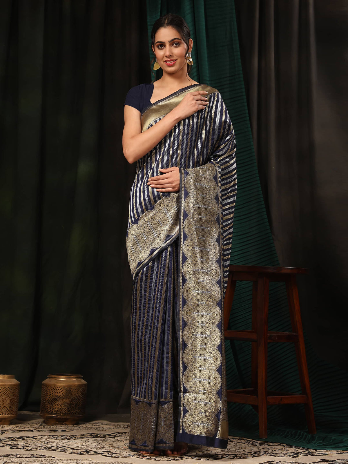 Hiral Fashion Navy Blue Banarasi Art Silk Striped Zari Woven Saree | Grocsy