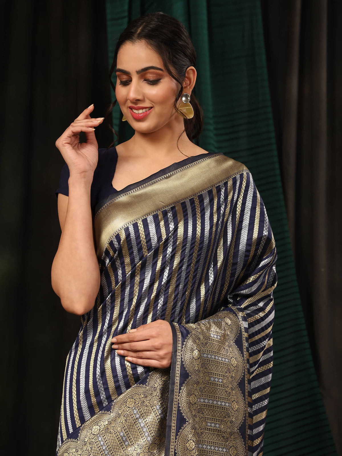Hiral Fashion Navy Blue Banarasi Art Silk Striped Zari Woven Saree | Grocsy