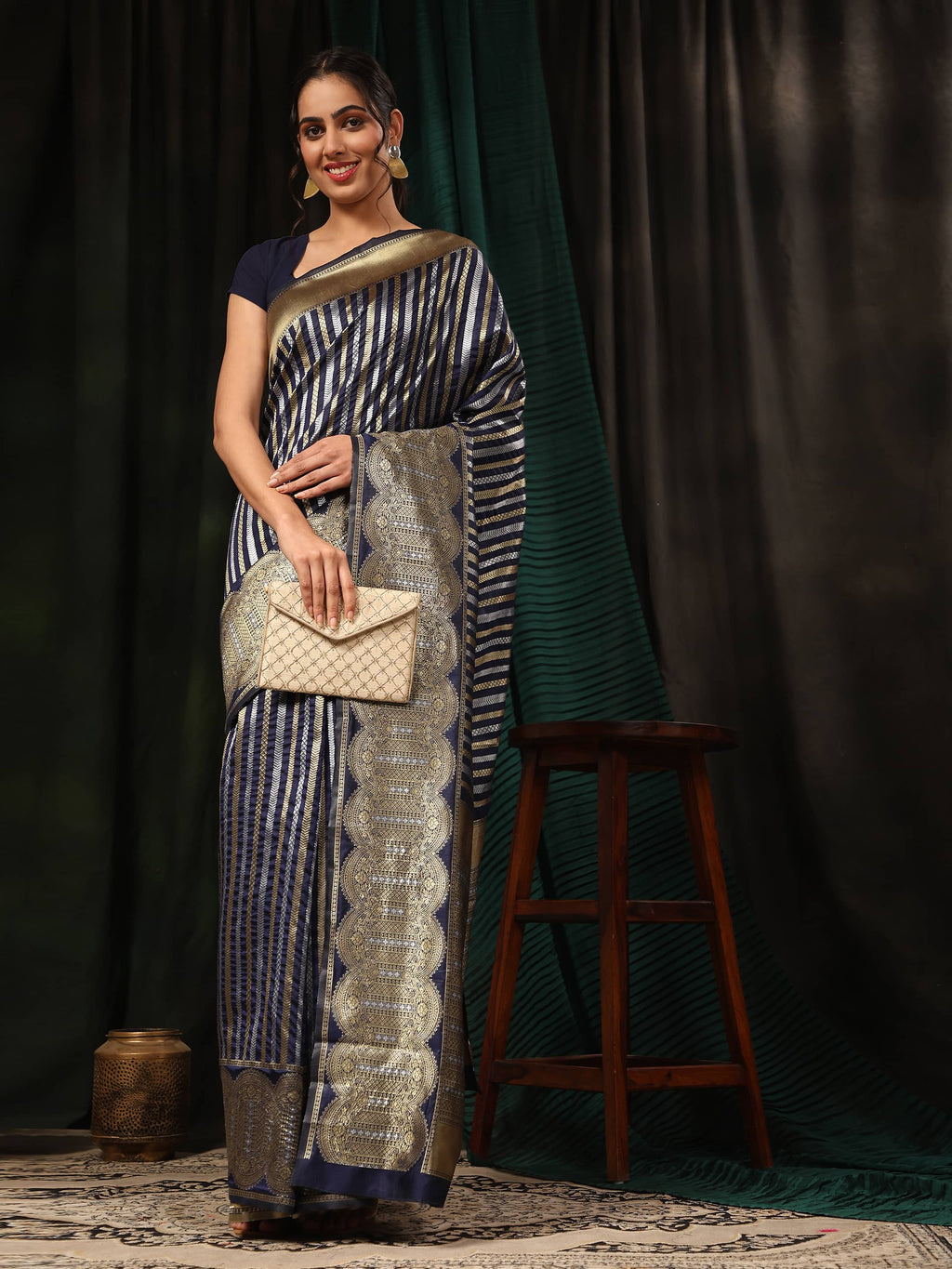 Hiral Fashion Navy Blue Banarasi Art Silk Striped Zari Woven Saree | Grocsy