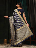 Hiral Fashion Navy Blue Banarasi Art Silk Striped Zari Woven Saree | Grocsy
