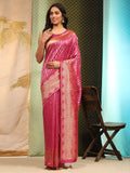 Hiral Fashion Pink Banarasi Art Silk Striped Zari Woven Saree | Grocsy