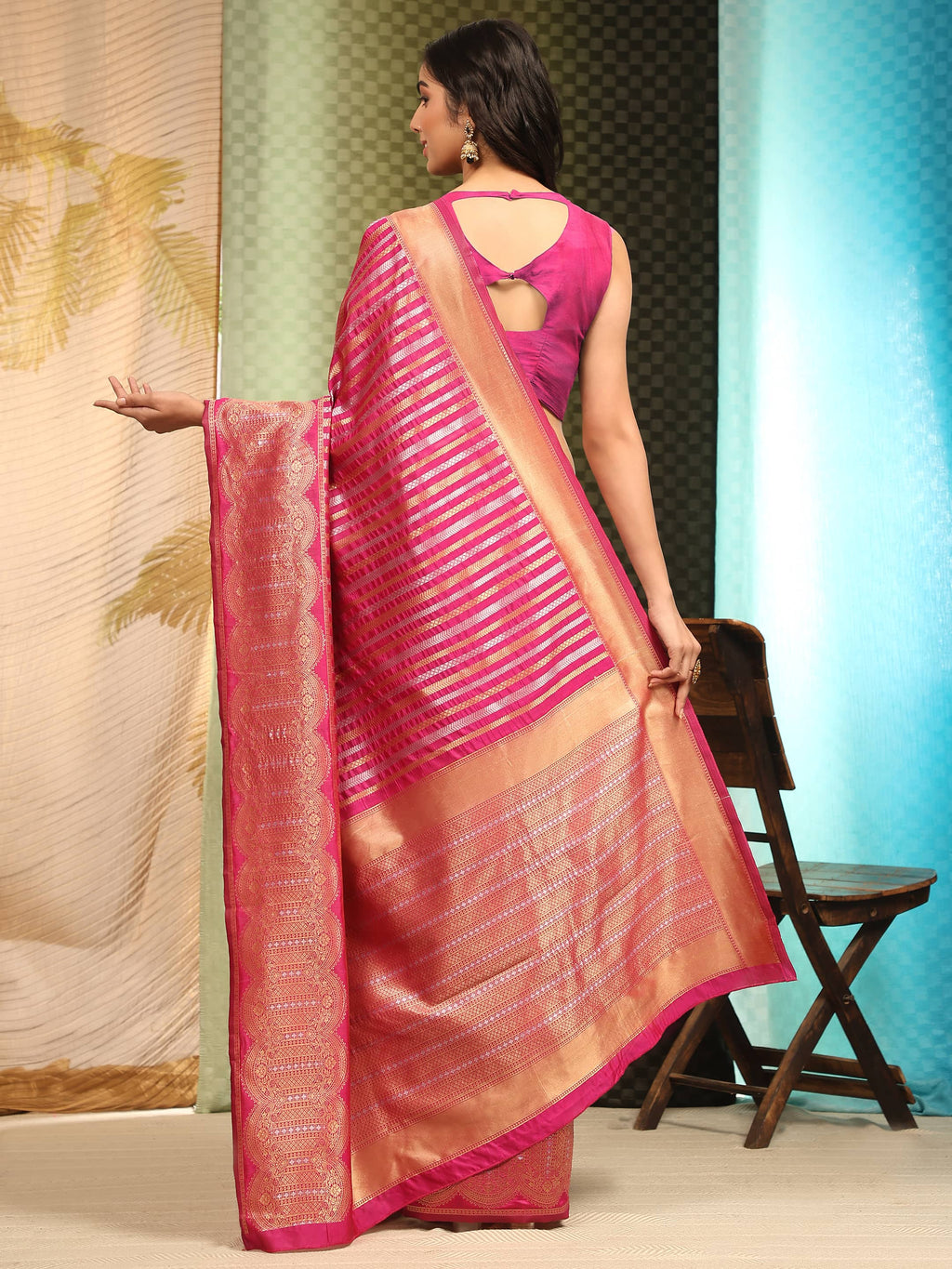 Hiral Fashion Pink Banarasi Art Silk Striped Zari Woven Saree | Grocsy