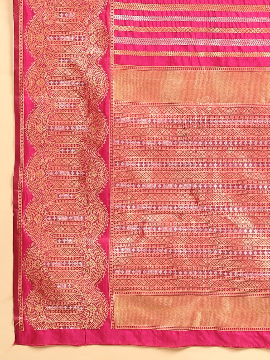 Hiral Fashion Pink Banarasi Art Silk Striped Zari Woven Saree | Grocsy