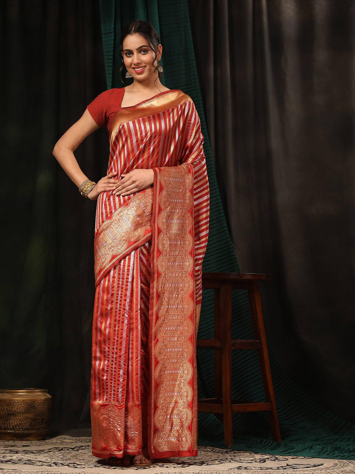 Hiral Fashion Red Banarasi Art Silk Striped Zari Woven Saree | Grocsy