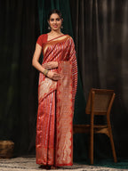 Hiral Fashion Red Banarasi Art Silk Striped Zari Woven Saree | Grocsy