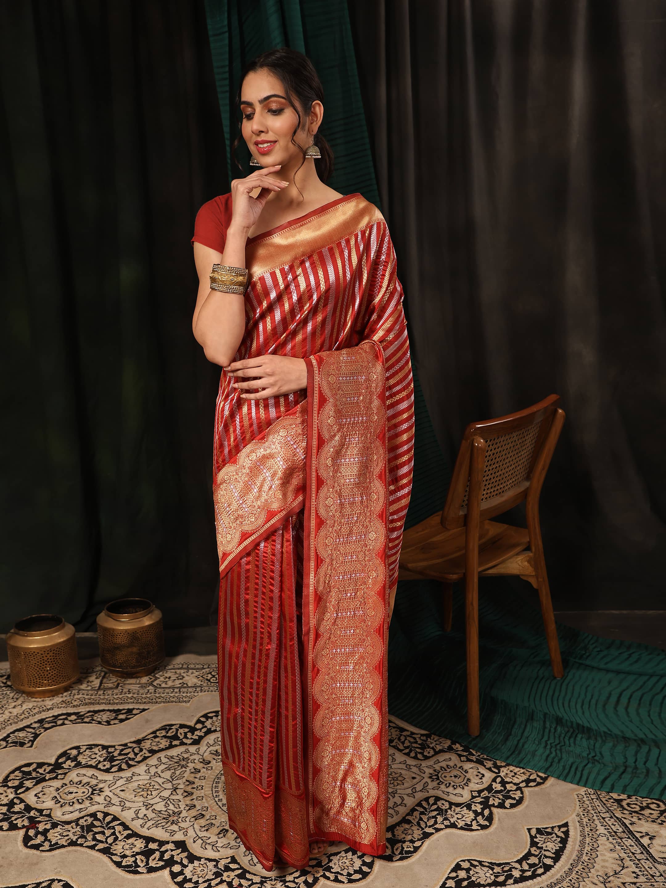 Hiral Fashion Red Banarasi Art Silk Striped Zari Woven Saree | Grocsy