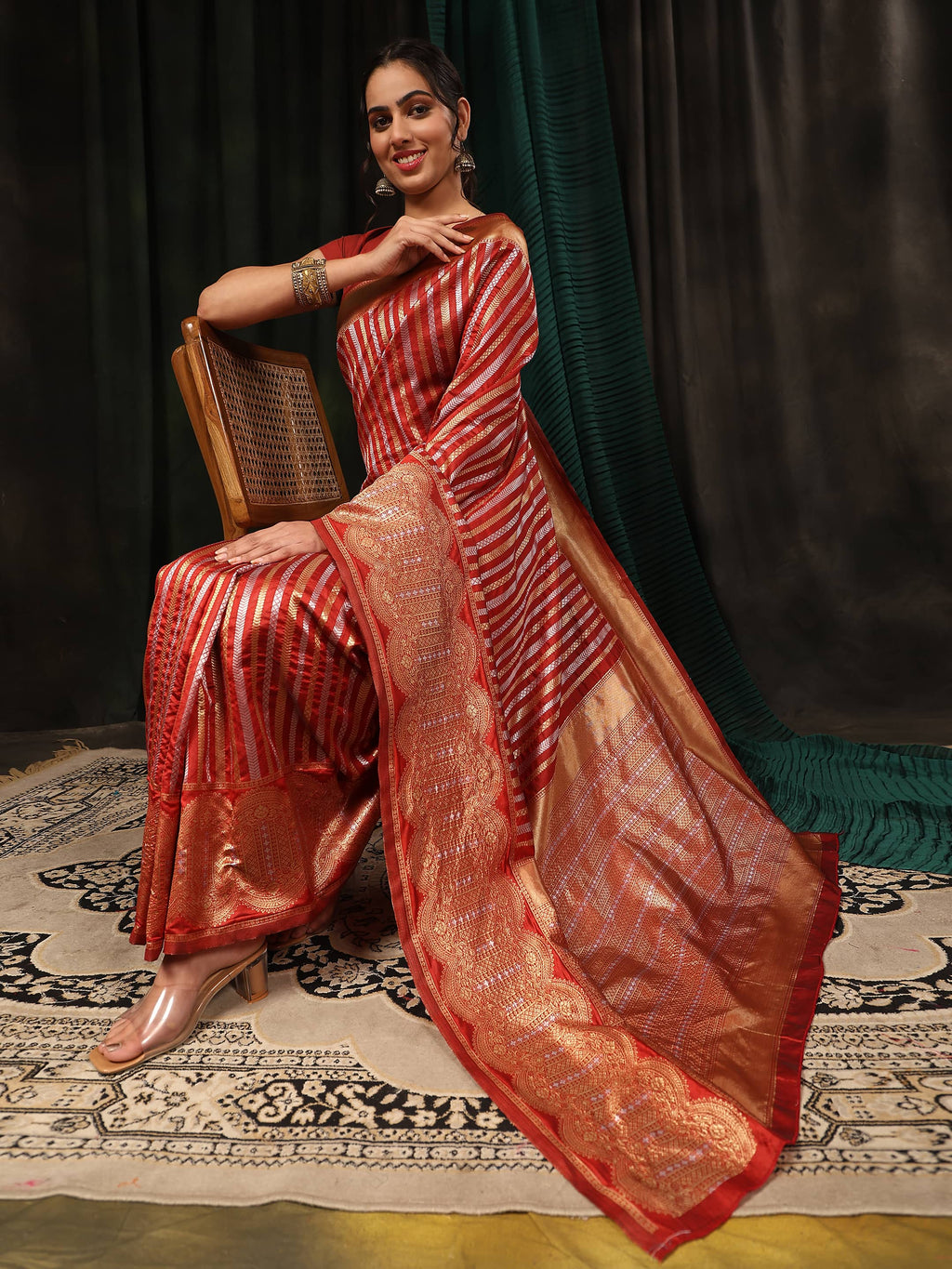 Hiral Fashion Red Banarasi Art Silk Striped Zari Woven Saree | Grocsy