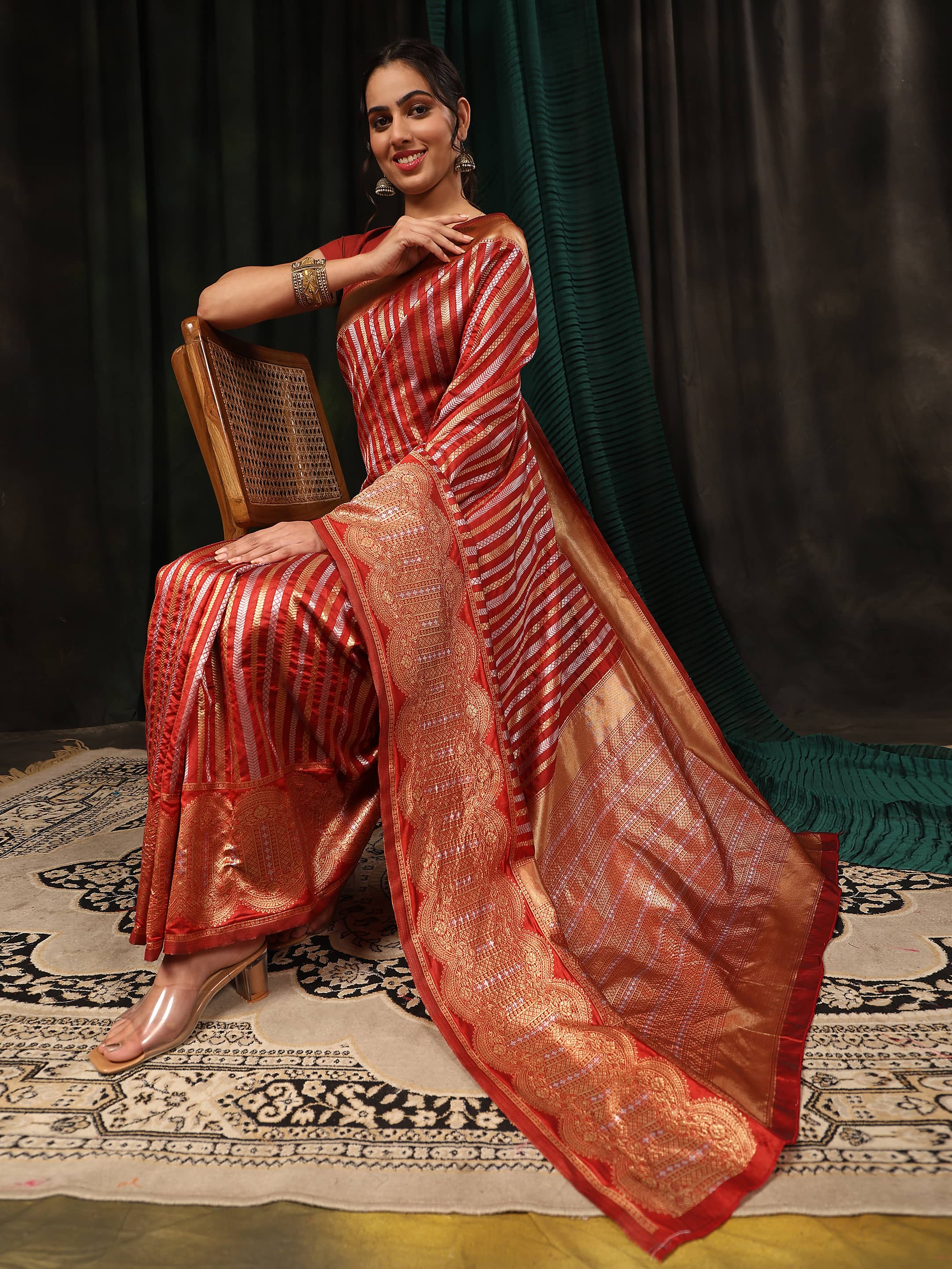 Hiral Fashion Red Banarasi Art Silk Striped Zari Woven Saree | Grocsy