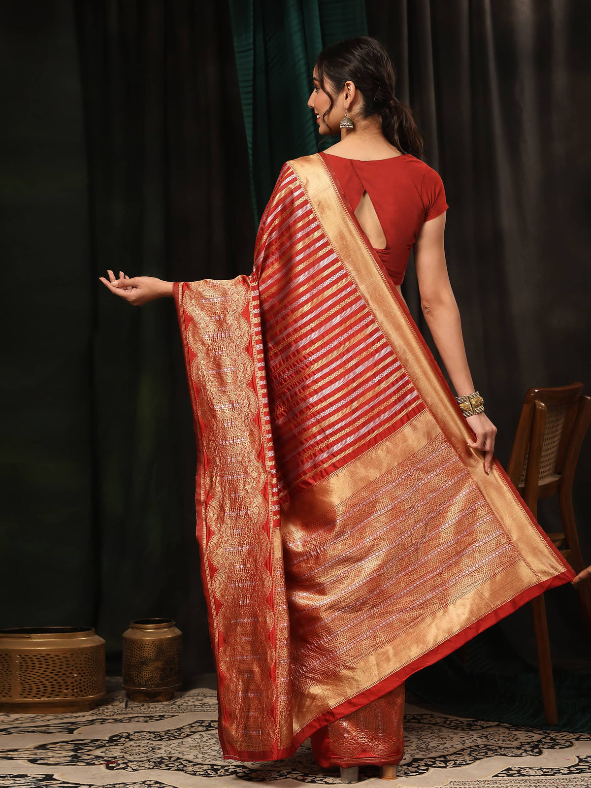 Hiral Fashion Red Banarasi Art Silk Striped Zari Woven Saree | Grocsy
