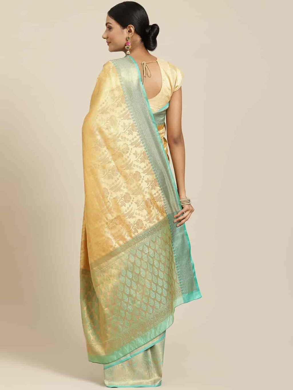 Hiral Fashion Beige Kanjeevaram Art Silk Floral Woven Design Saree | Grocsy