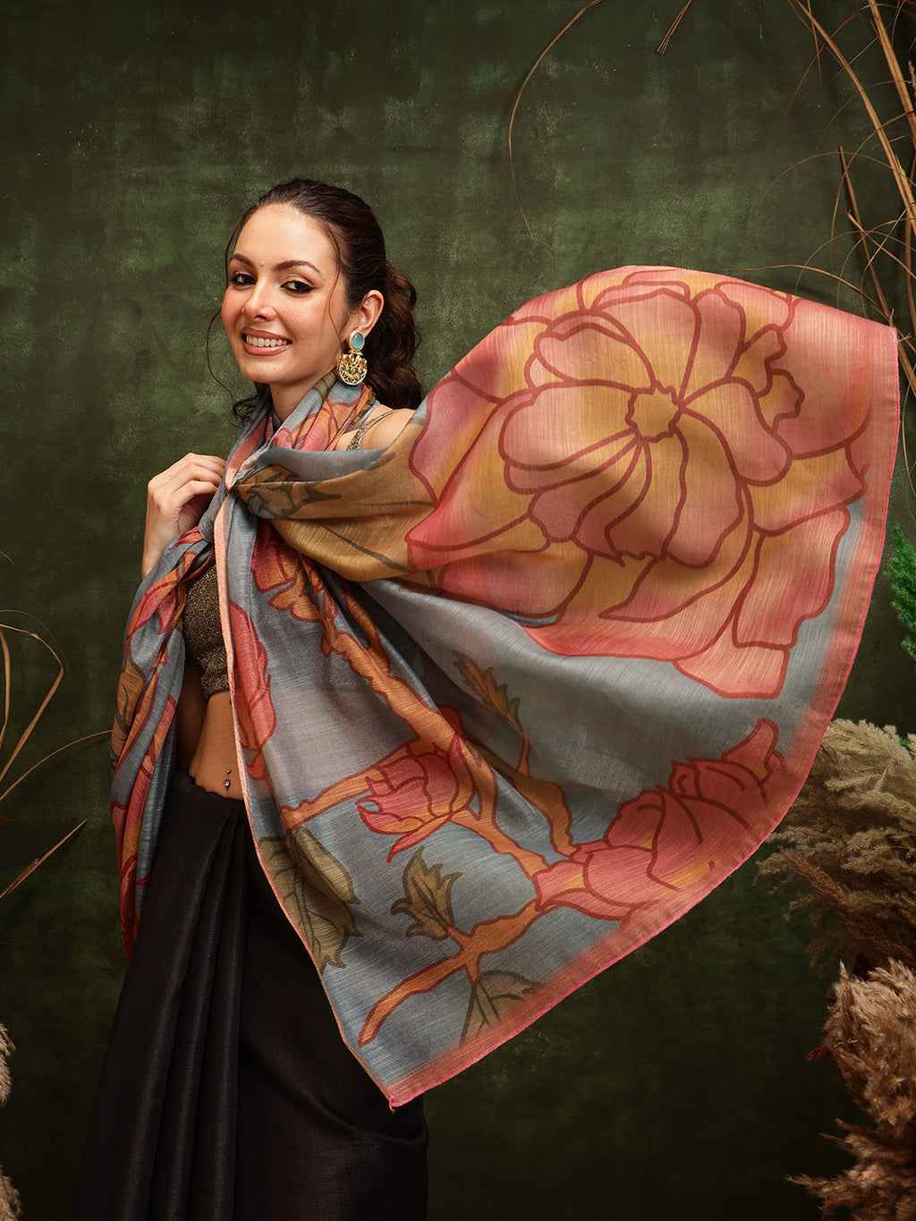 Hiral Fashion Black Cotton Silk Floral Digital Printed Saree | Grocsy