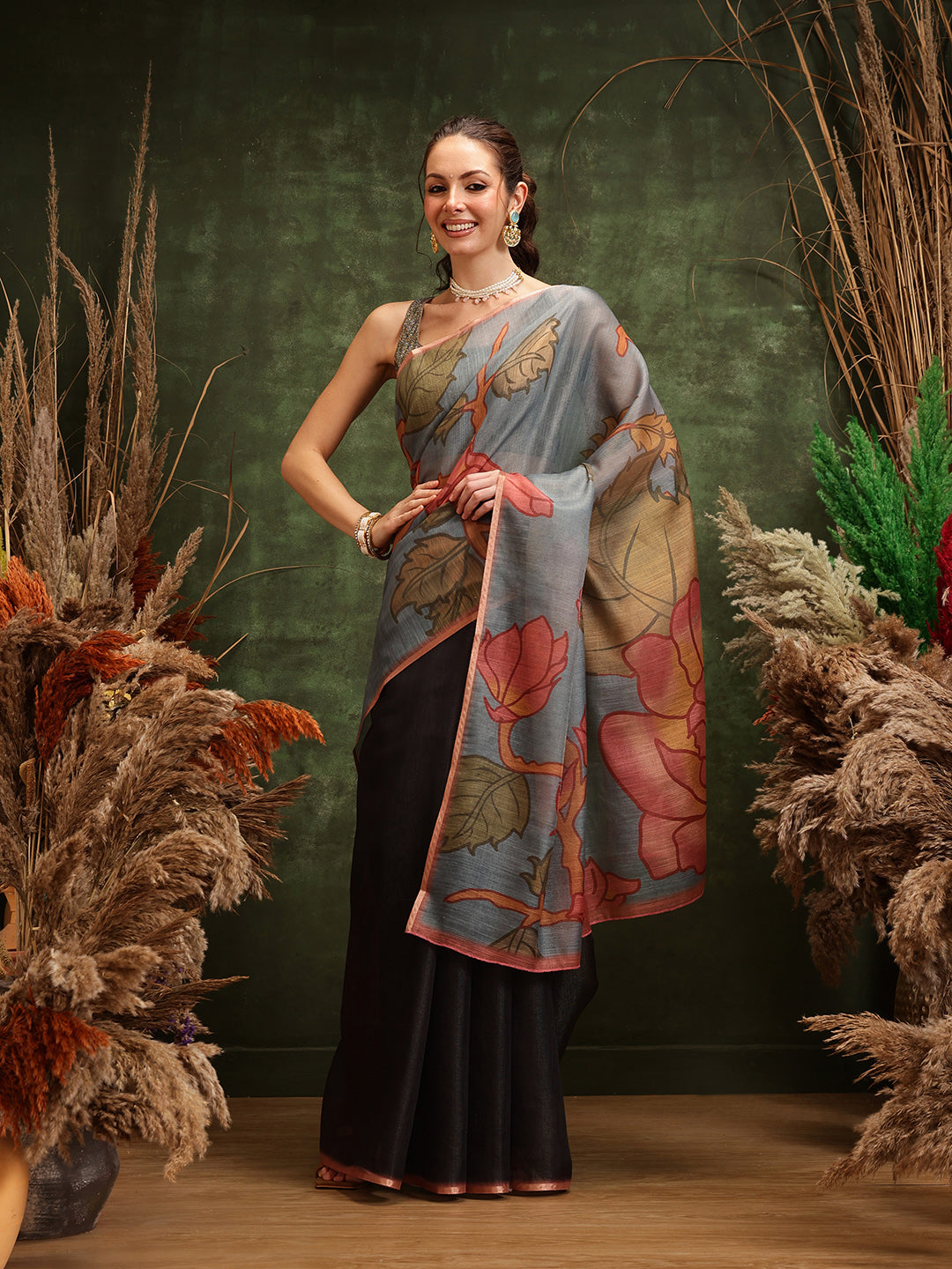 Hiral Fashion Black Cotton Silk Floral Digital Printed Saree | Grocsy