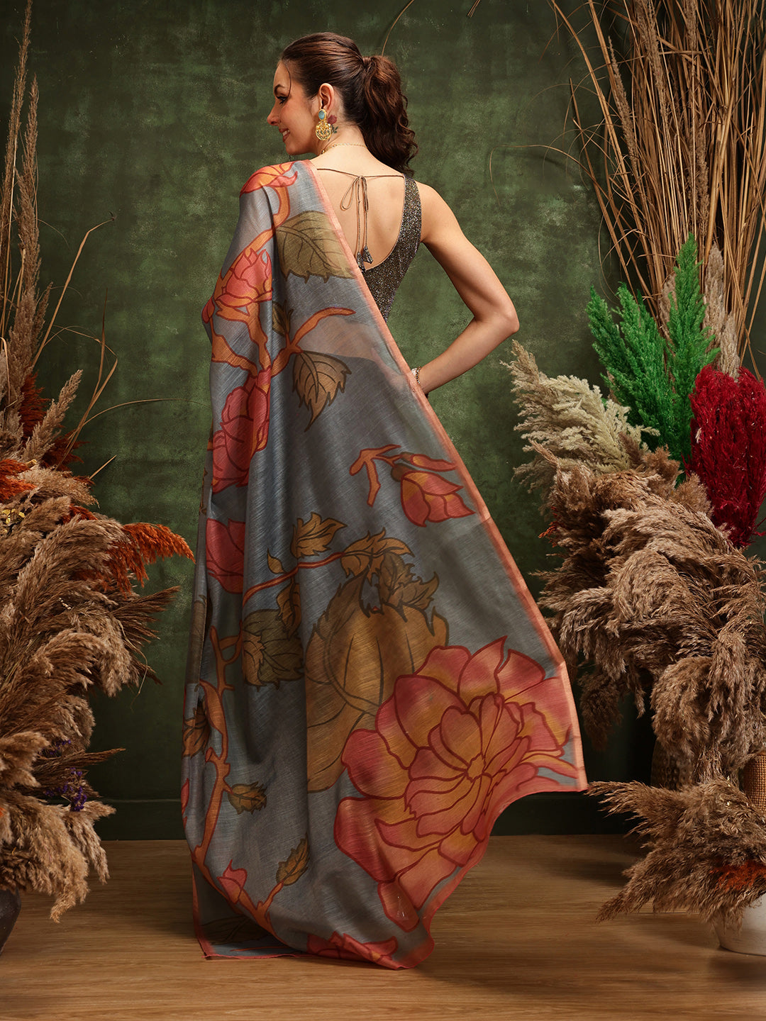 Hiral Fashion Black Cotton Silk Floral Digital Printed Saree | Grocsy