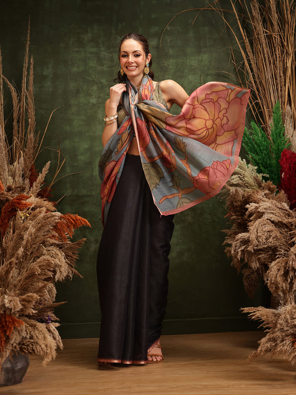 Hiral Fashion Black Cotton Silk Floral Digital Printed Saree | Grocsy