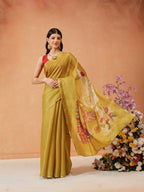 Hiral Fashion Mustard Cotton Silk Kalamkari Digital Printed Saree | Grocsy