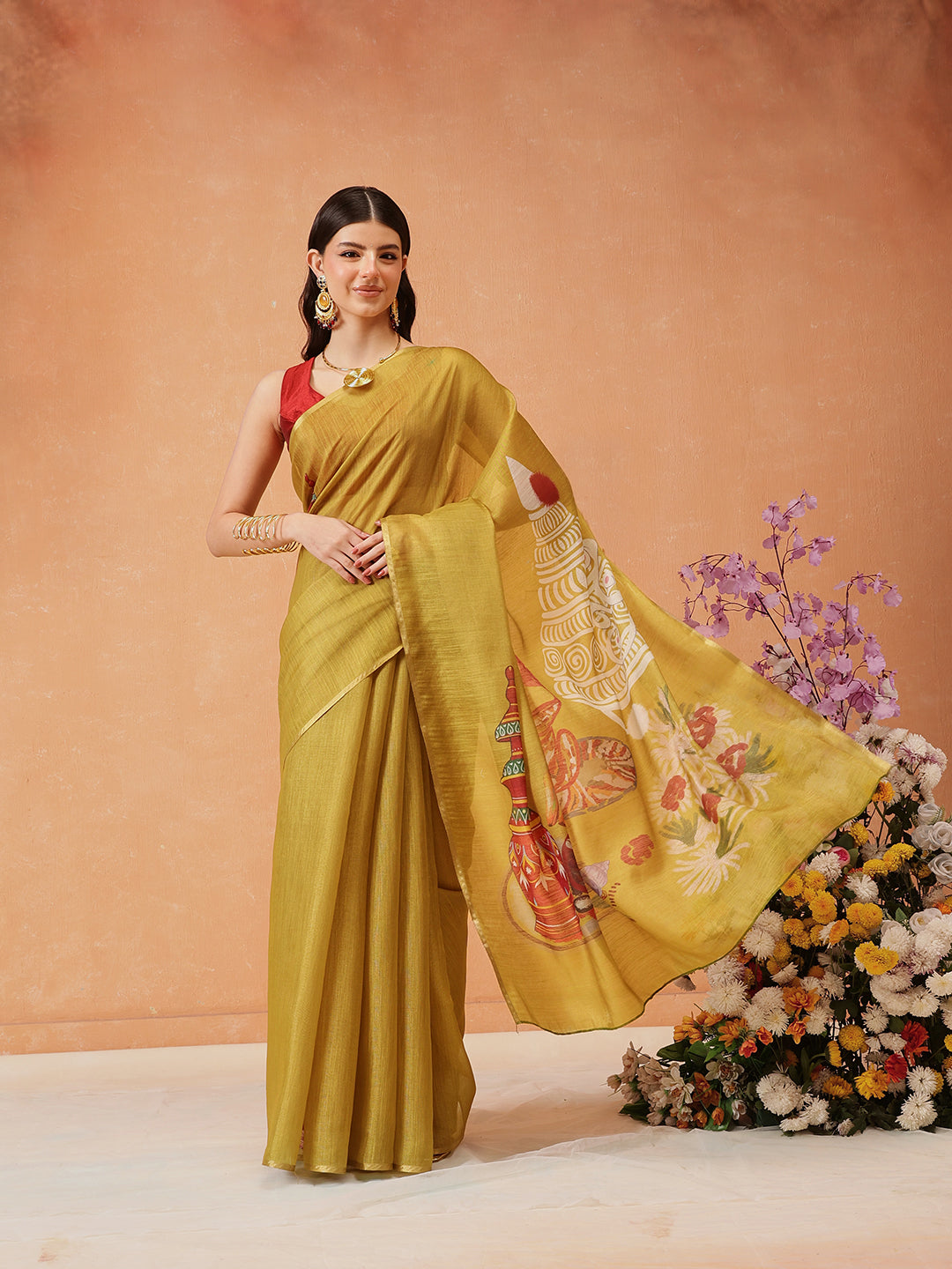 Hiral Fashion Mustard Cotton Silk Kalamkari Digital Printed Saree | Grocsy