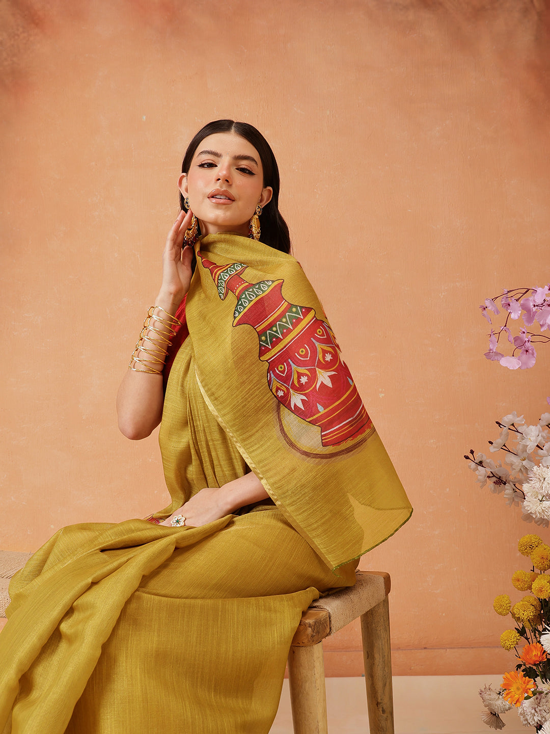 Hiral Fashion Mustard Cotton Silk Kalamkari Digital Printed Saree | Grocsy