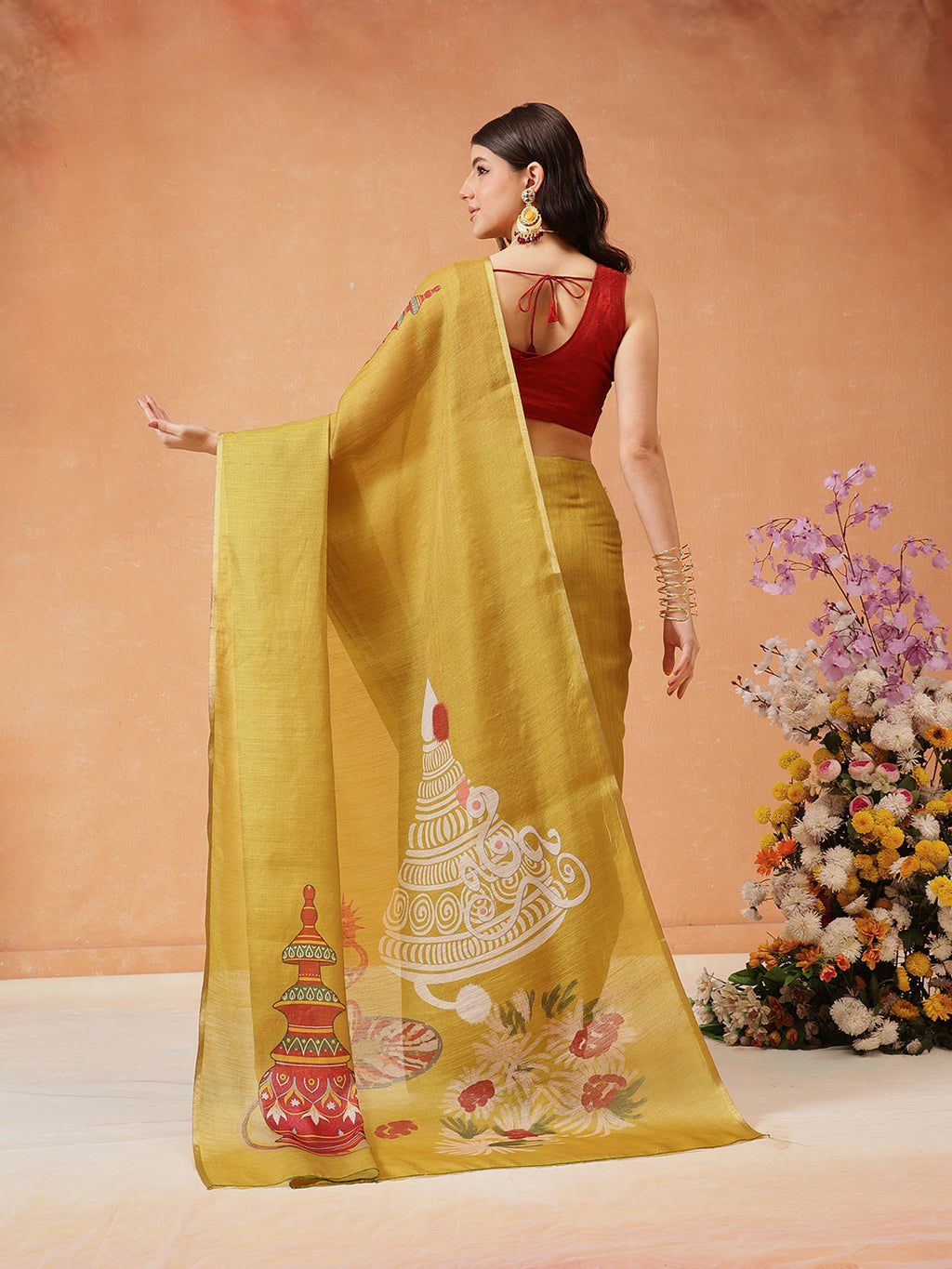 Hiral Fashion Mustard Cotton Silk Kalamkari Digital Printed Saree | Grocsy