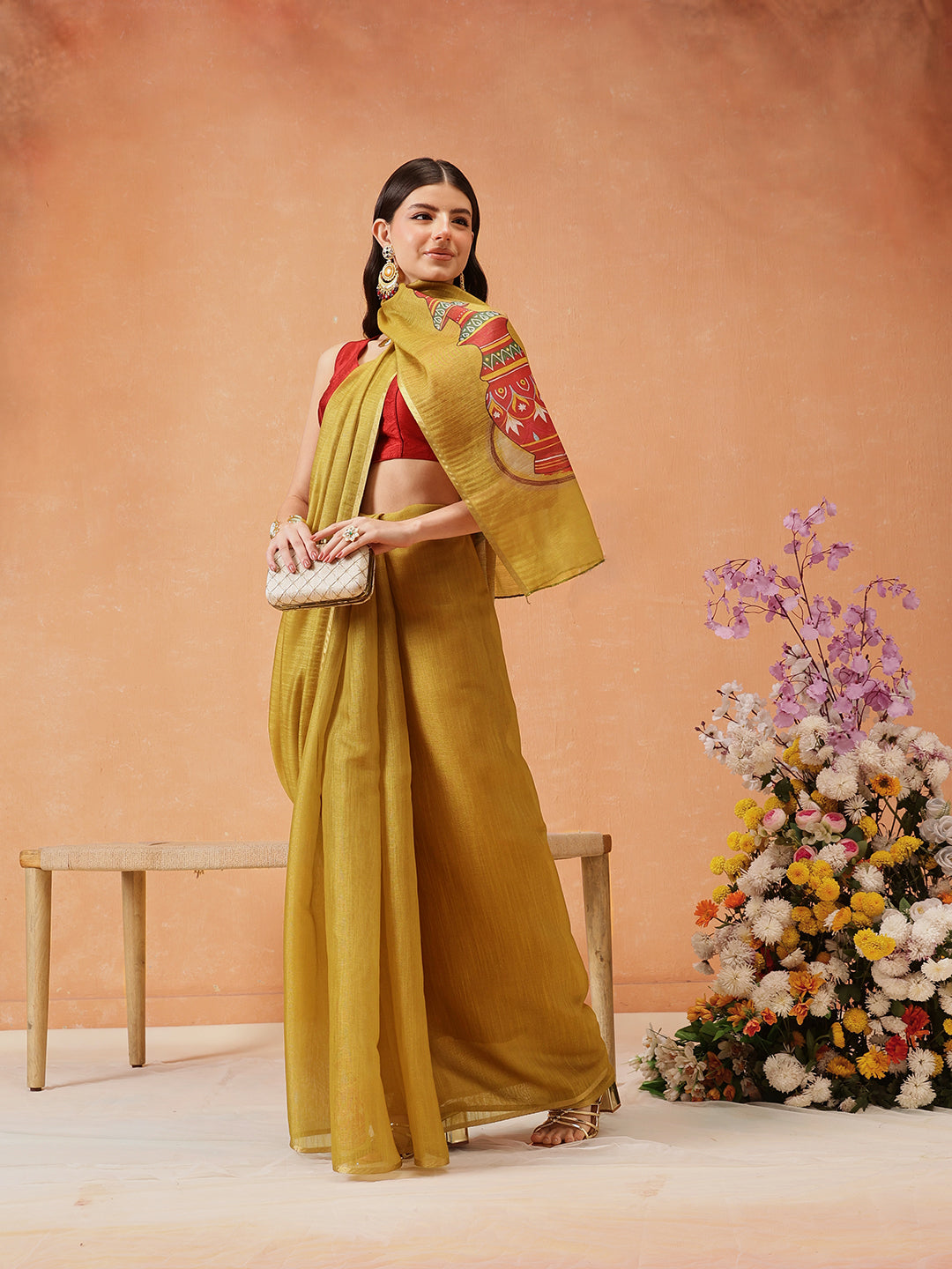 Hiral Fashion Mustard Cotton Silk Kalamkari Digital Printed Saree | Grocsy