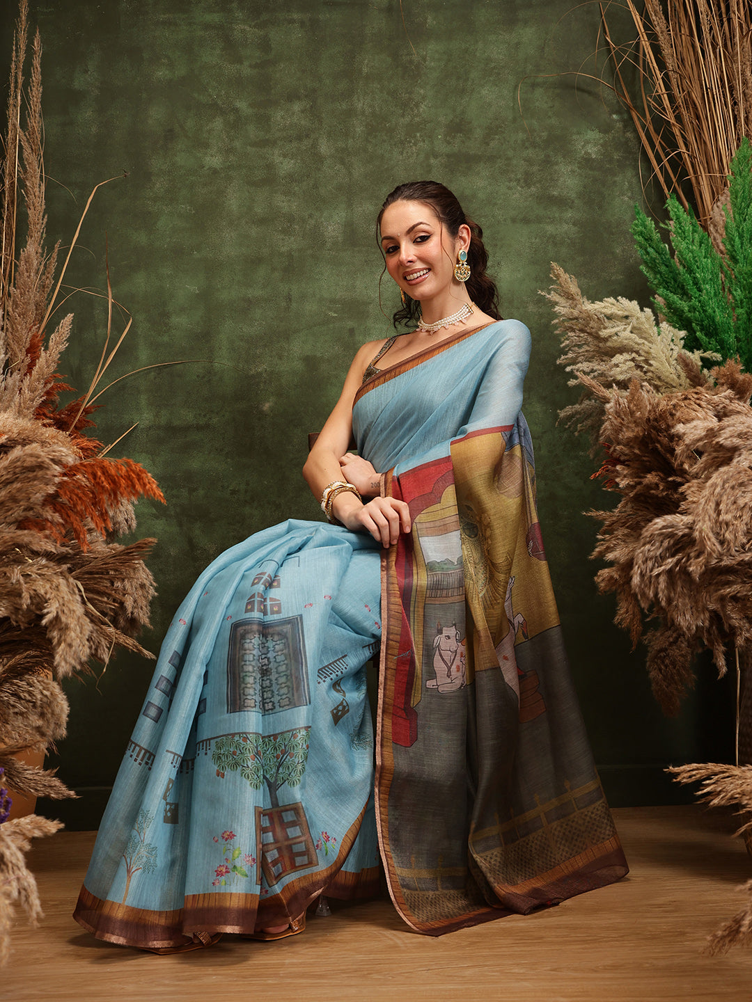 Hiral Fashion Teal Cotton Silk Kalamkari Digital Printed Saree | Grocsy