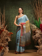 Hiral Fashion Teal Cotton Silk Kalamkari Digital Printed Saree | Grocsy
