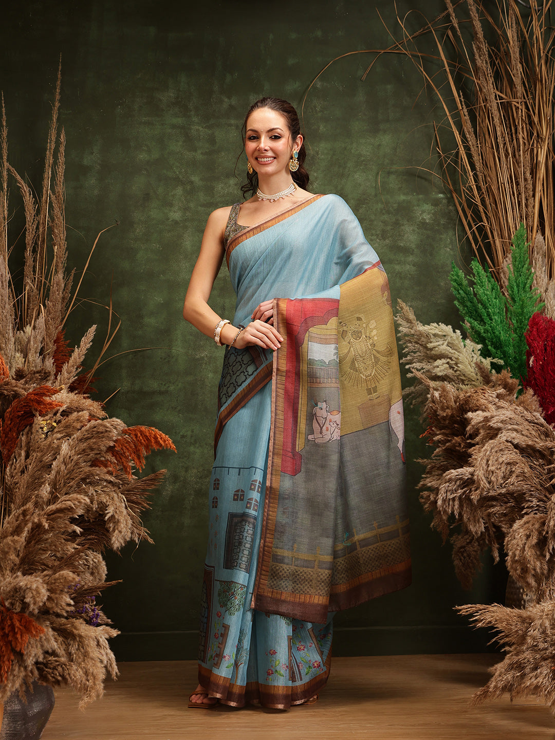 Hiral Fashion Teal Cotton Silk Kalamkari Digital Printed Saree | Grocsy