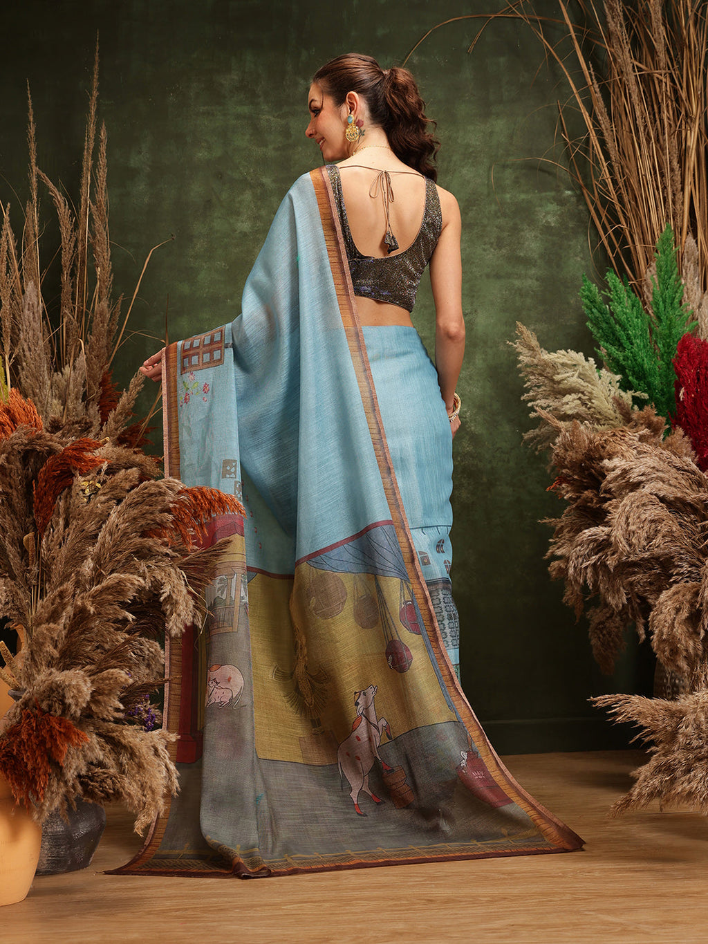 Hiral Fashion Teal Cotton Silk Kalamkari Digital Printed Saree | Grocsy