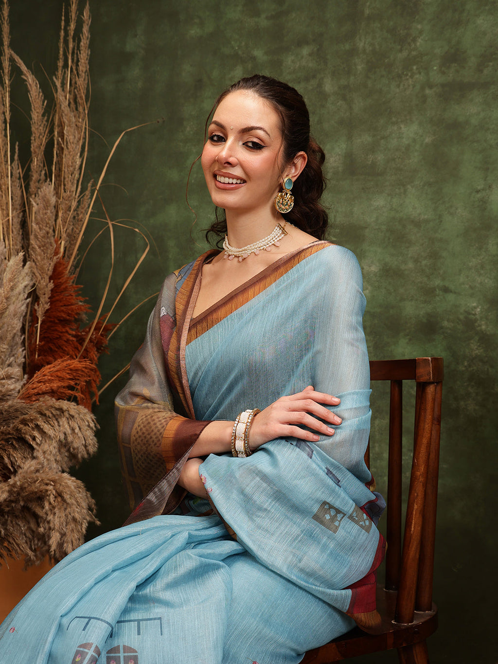 Hiral Fashion Teal Cotton Silk Kalamkari Digital Printed Saree | Grocsy