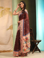 Hiral Fashion Brown Paithani Cotton Blend Floral Digital Printed Saree | Grocsy