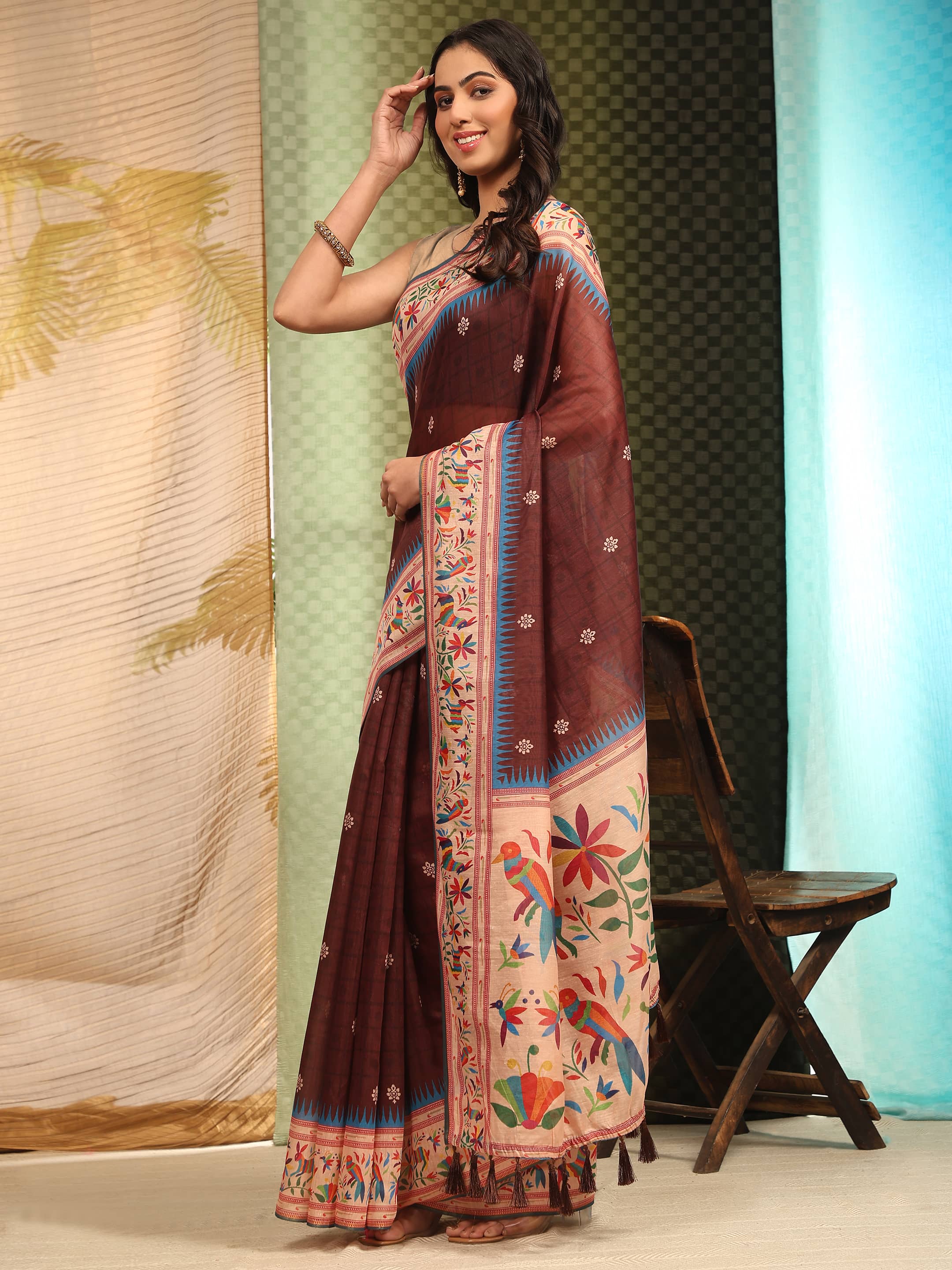 Hiral Fashion Brown Paithani Cotton Blend Floral Digital Printed Saree | Grocsy