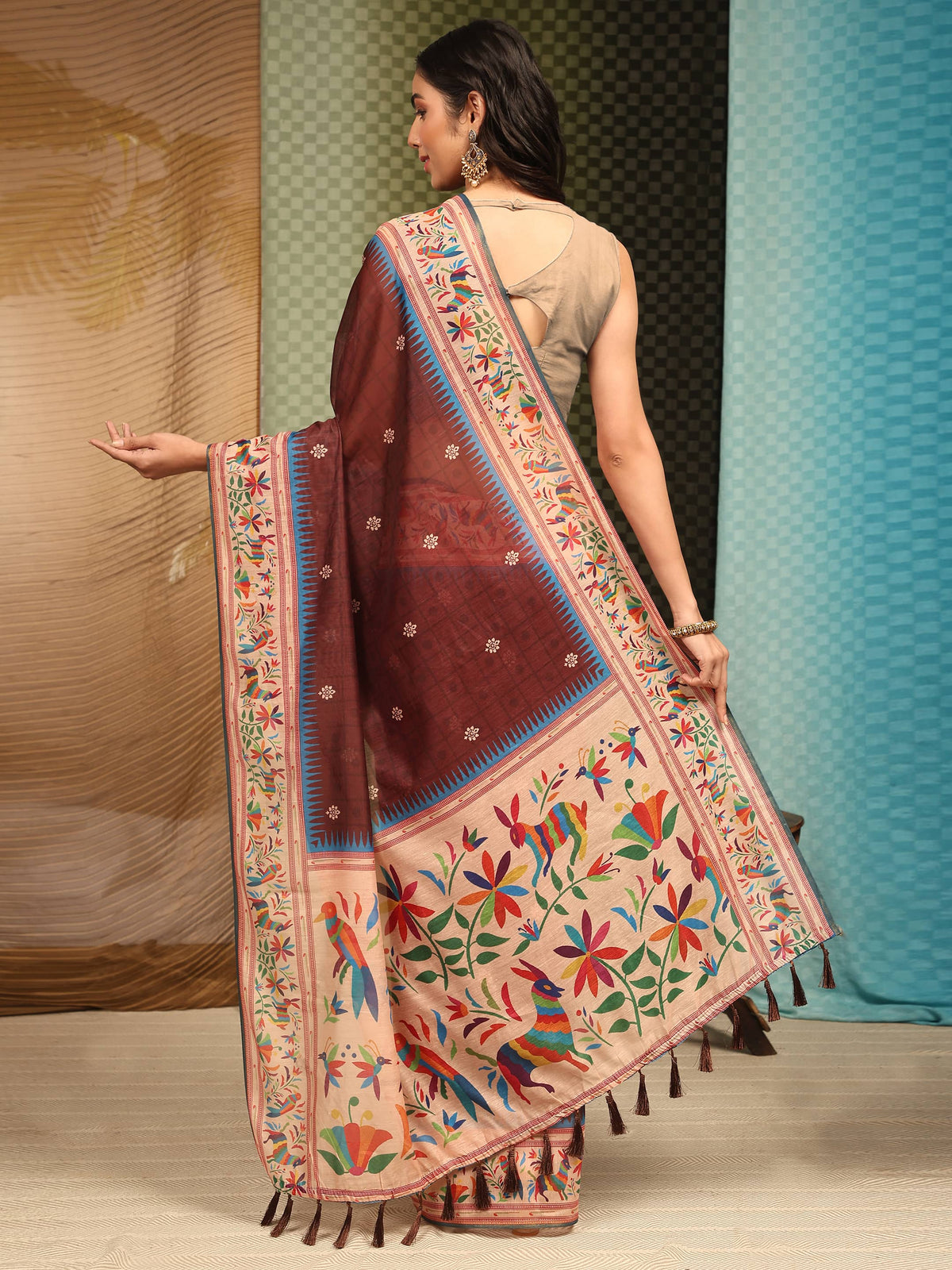 Hiral Fashion Brown Paithani Cotton Blend Floral Digital Printed Saree | Grocsy