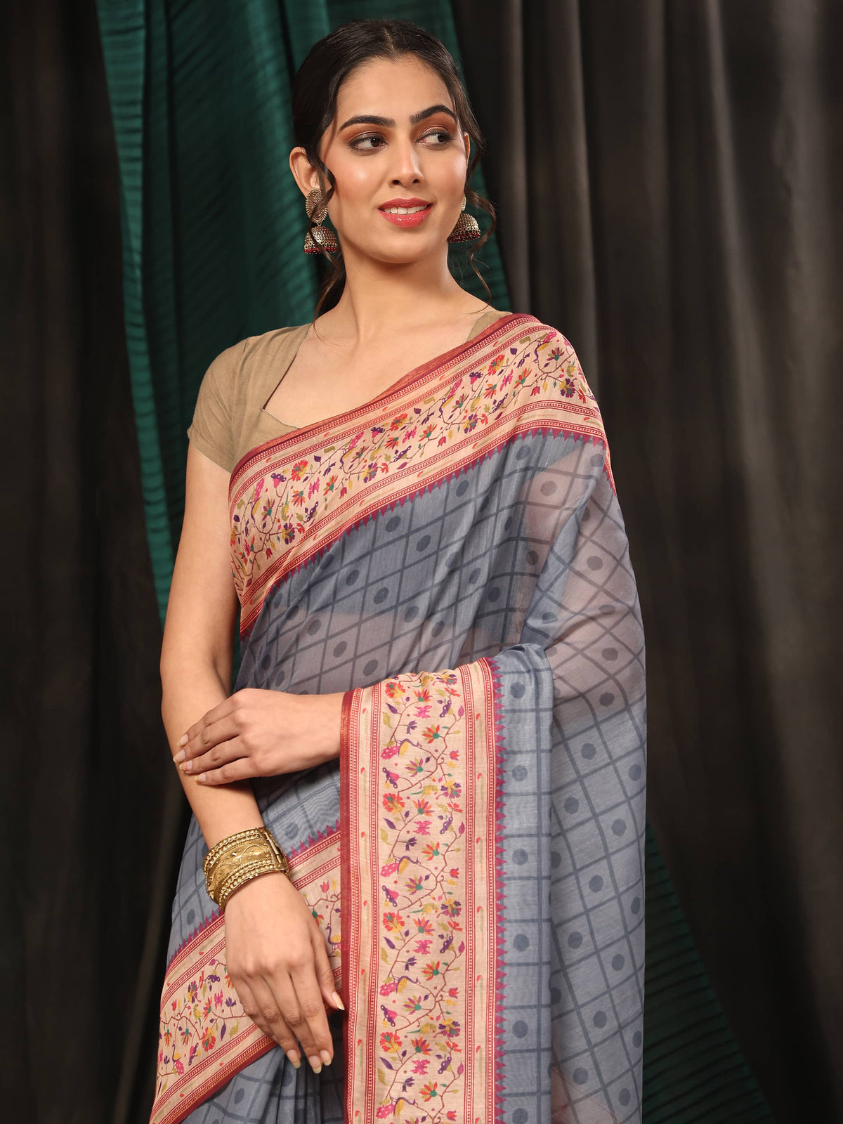 Hiral Fashion Grey Paithani Cotton Blend Geomatric Digital Printed Saree | Grocsy