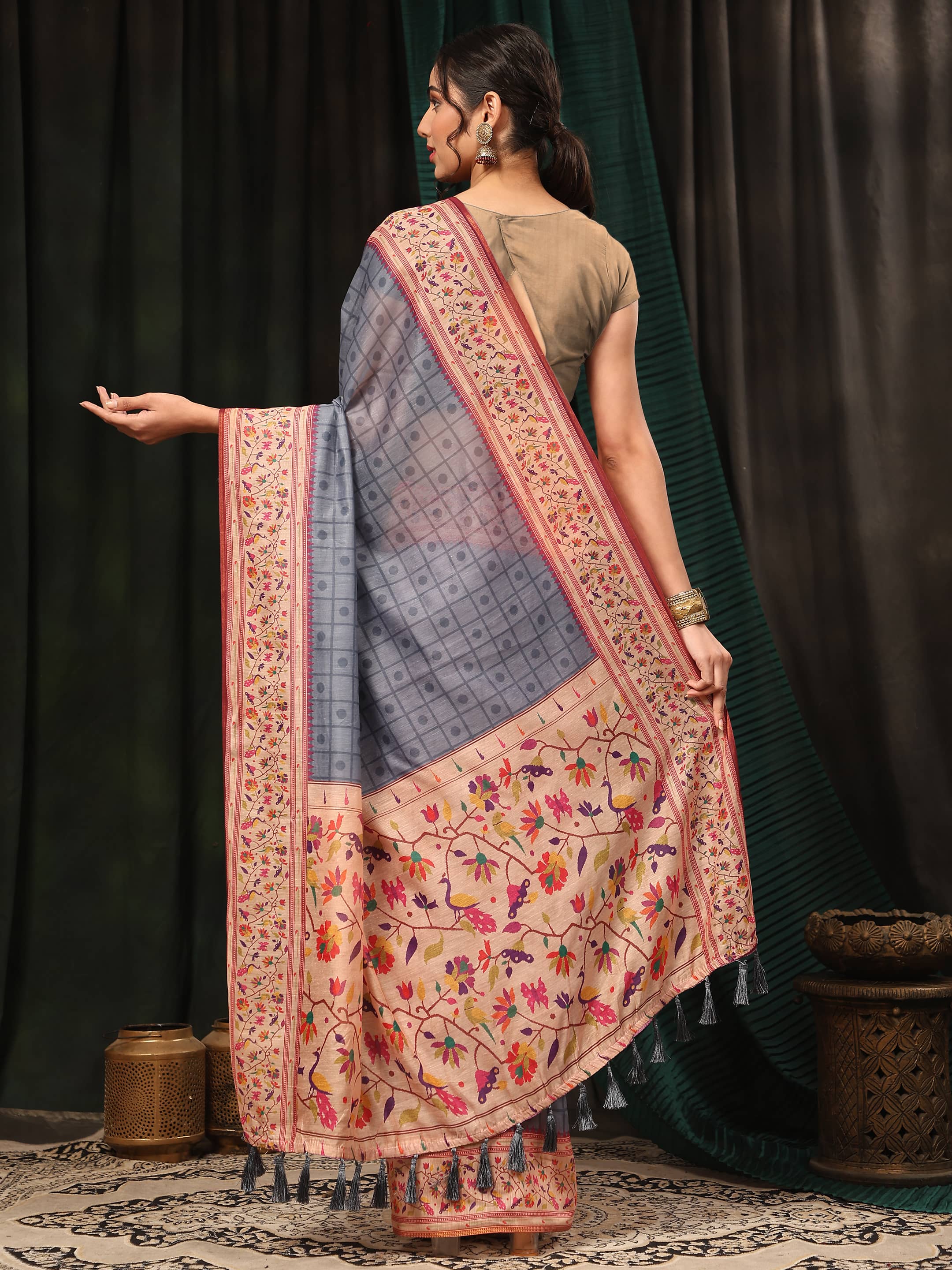 Hiral Fashion Grey Paithani Cotton Blend Geomatric Digital Printed Saree | Grocsy
