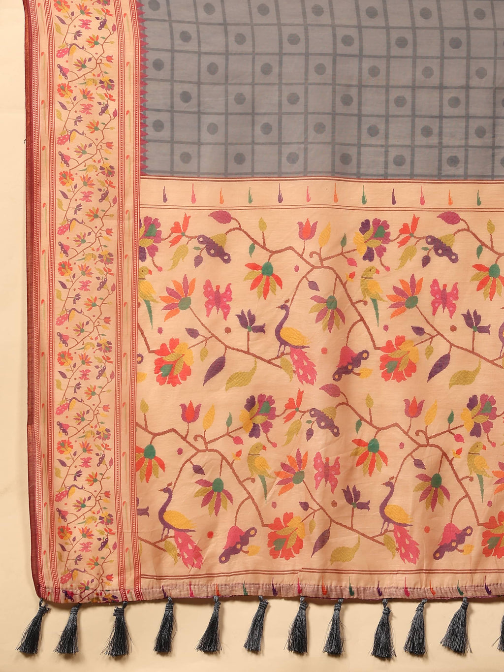 Hiral Fashion Grey Paithani Cotton Blend Geomatric Digital Printed Saree | Grocsy