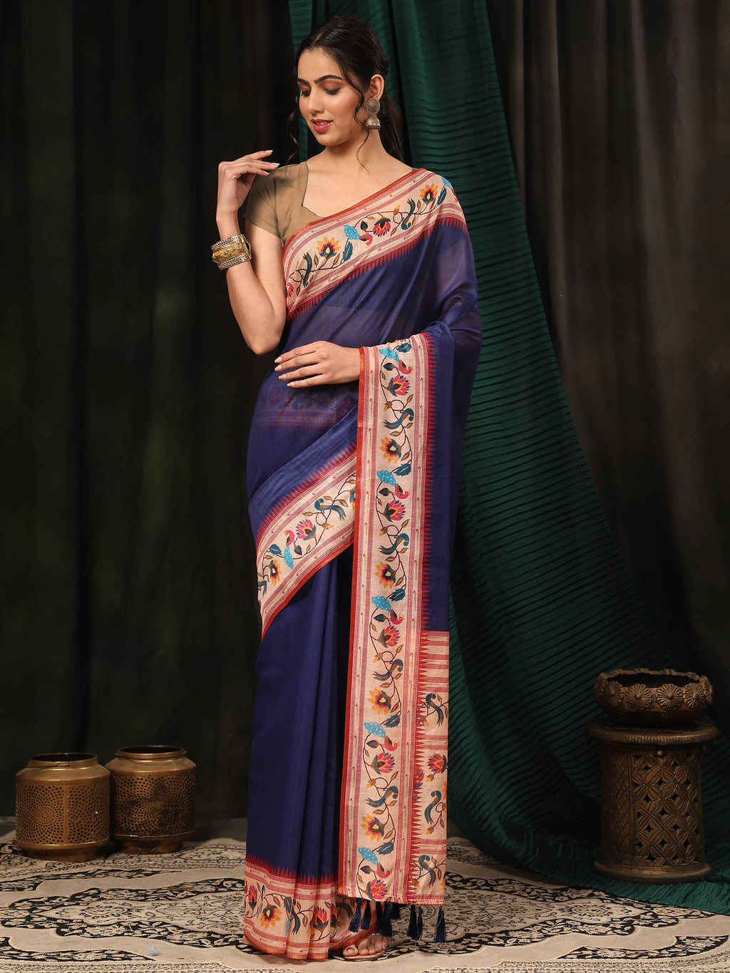 Hiral Fashion Navy Blue Paithani Cotton Blend Solid Digital Printed Saree | Grocsy