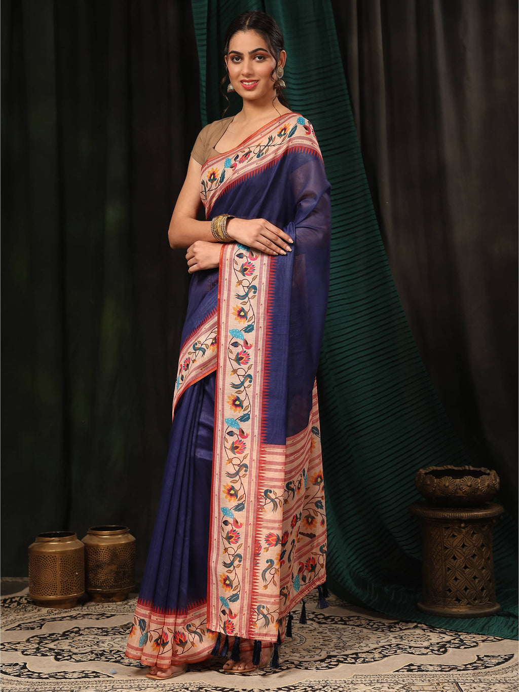 Hiral Fashion Navy Blue Paithani Cotton Blend Solid Digital Printed Saree | Grocsy
